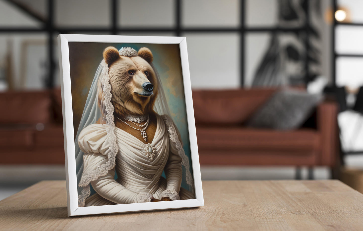 Brown Bear in Wedding Dress Poster – Funny Animal Wall Art, Unique Gift, Bride Decor, Cute Bear Artwork