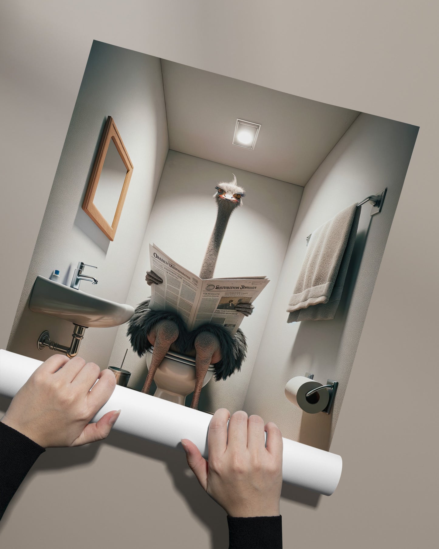 Ostrich on Toilet Reading Newspaper Poster | Funny Bathroom Decor | Wall Art for WC | Unique Gag Gift