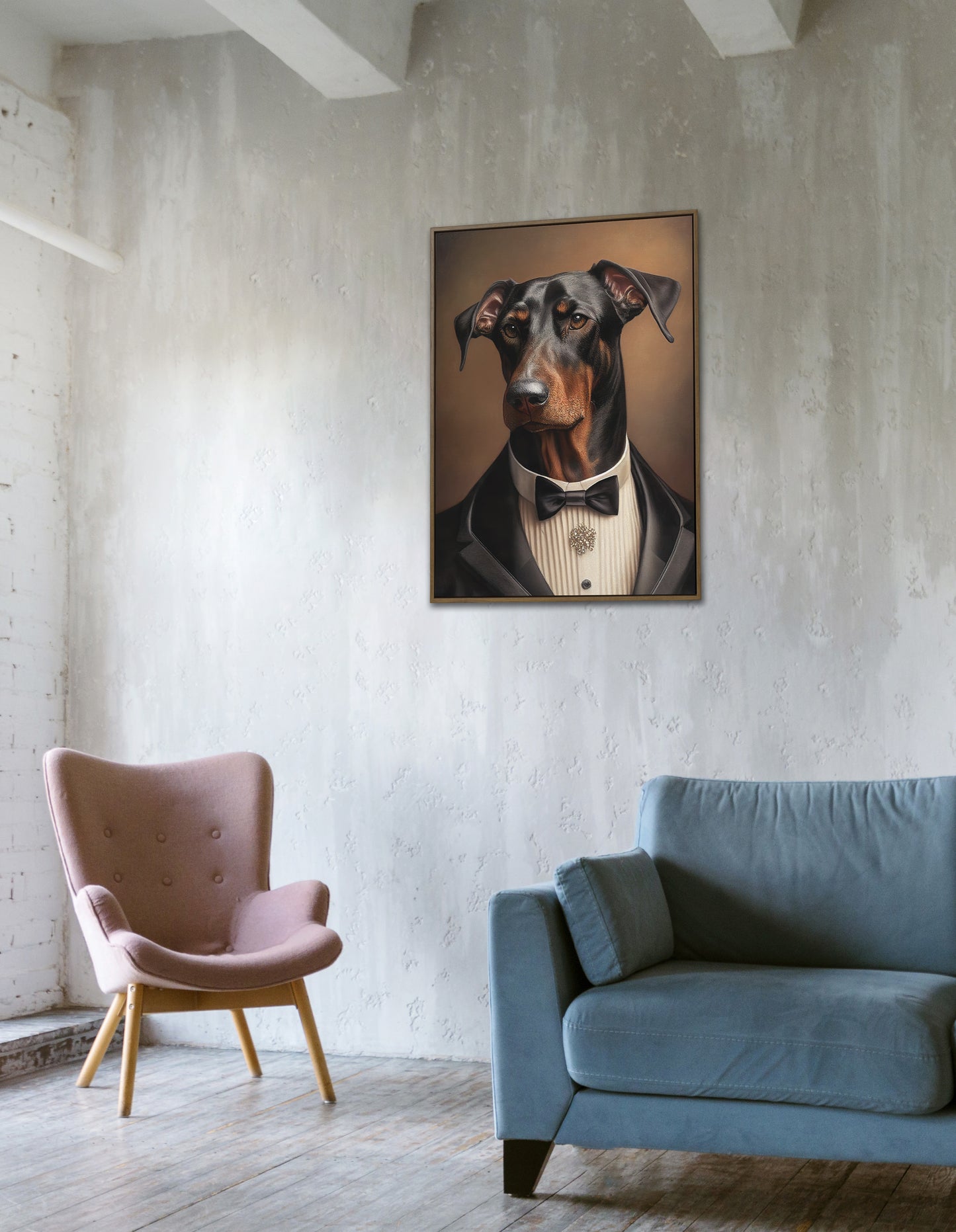 Poster chic de Doberman en smoking - Tableau humoristique pour décoration murale d'intérieur