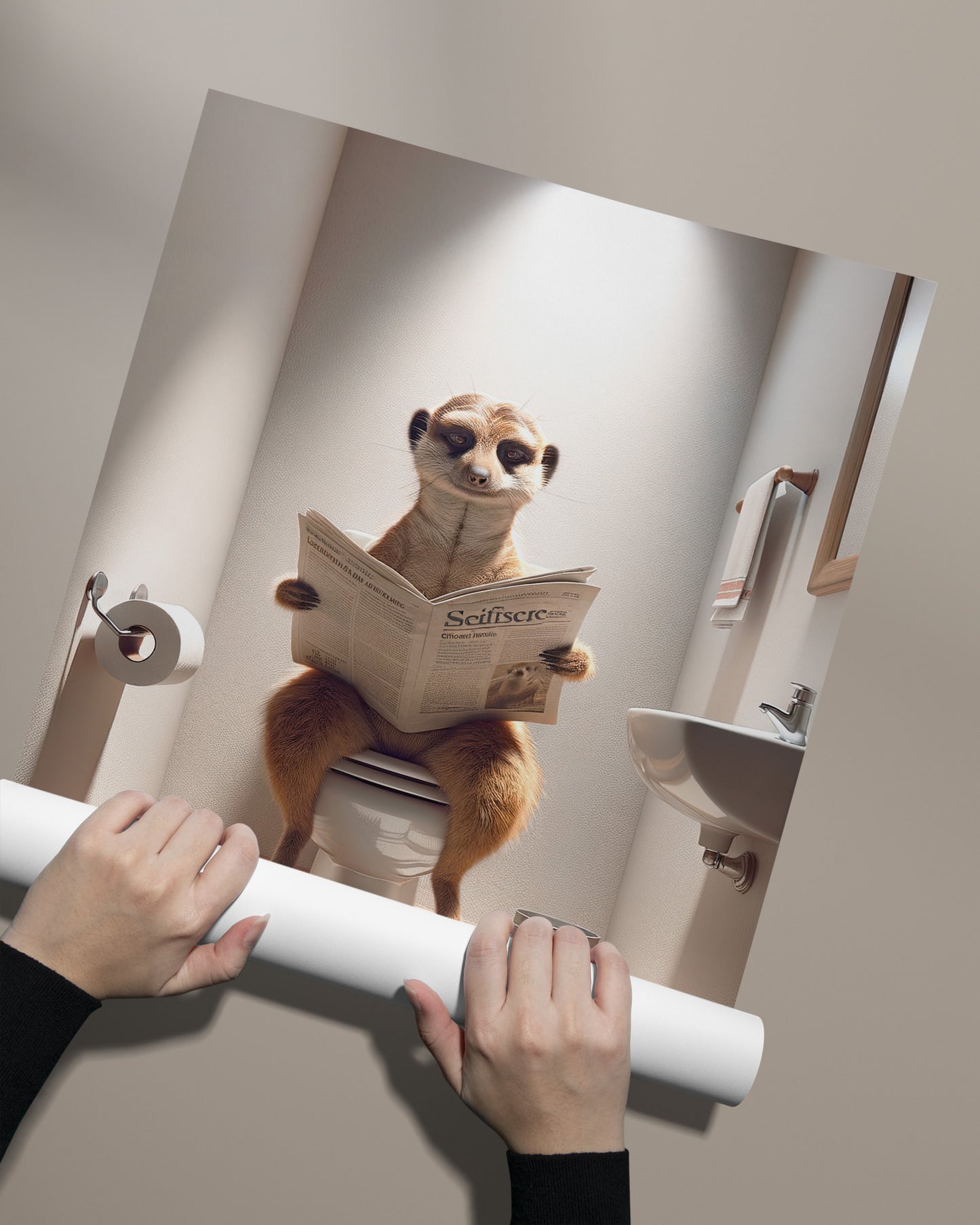 Poster Humoristique Suricate aux WC, Décoration Murale Drôle Salle de Bain, Cadre Fun Toilette, Idée Cadeau Originale