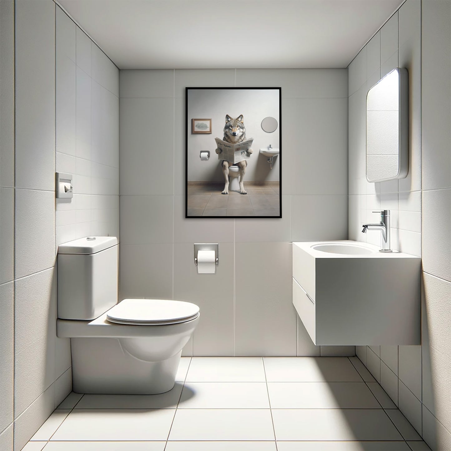 Wolf Reading Newspaper Toilet Poster - Funny Bathroom Decor | Unique Wall Art Gift for WC