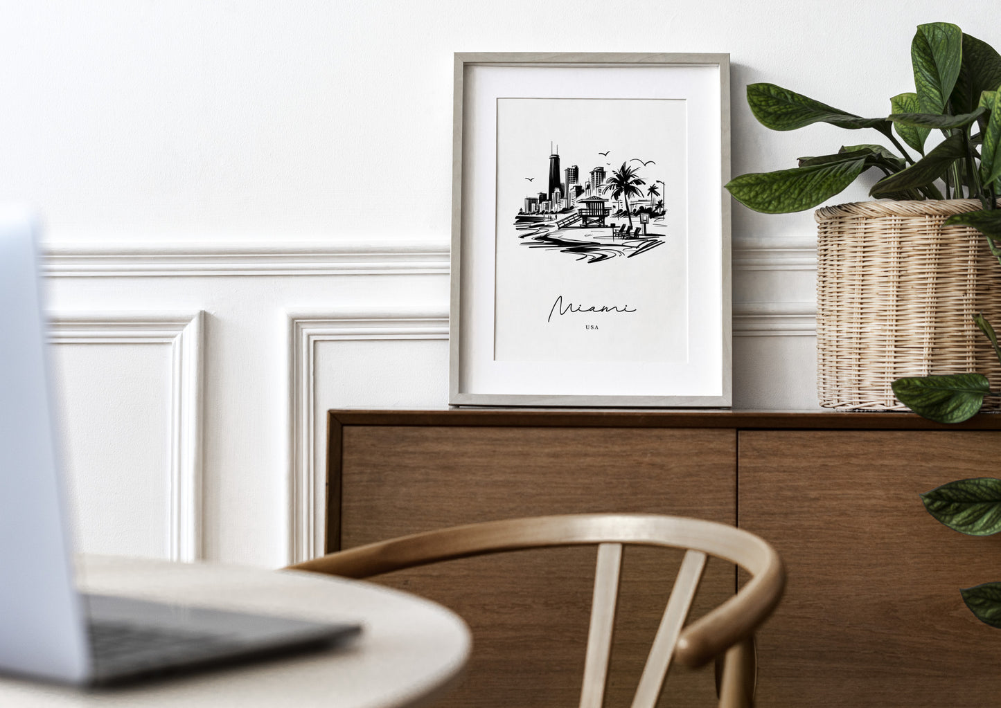 Miami Poster - Black and White Sketch of Landmarks | Living Room, Bedroom & Office Wall Art | Unique Travel Gift Decor