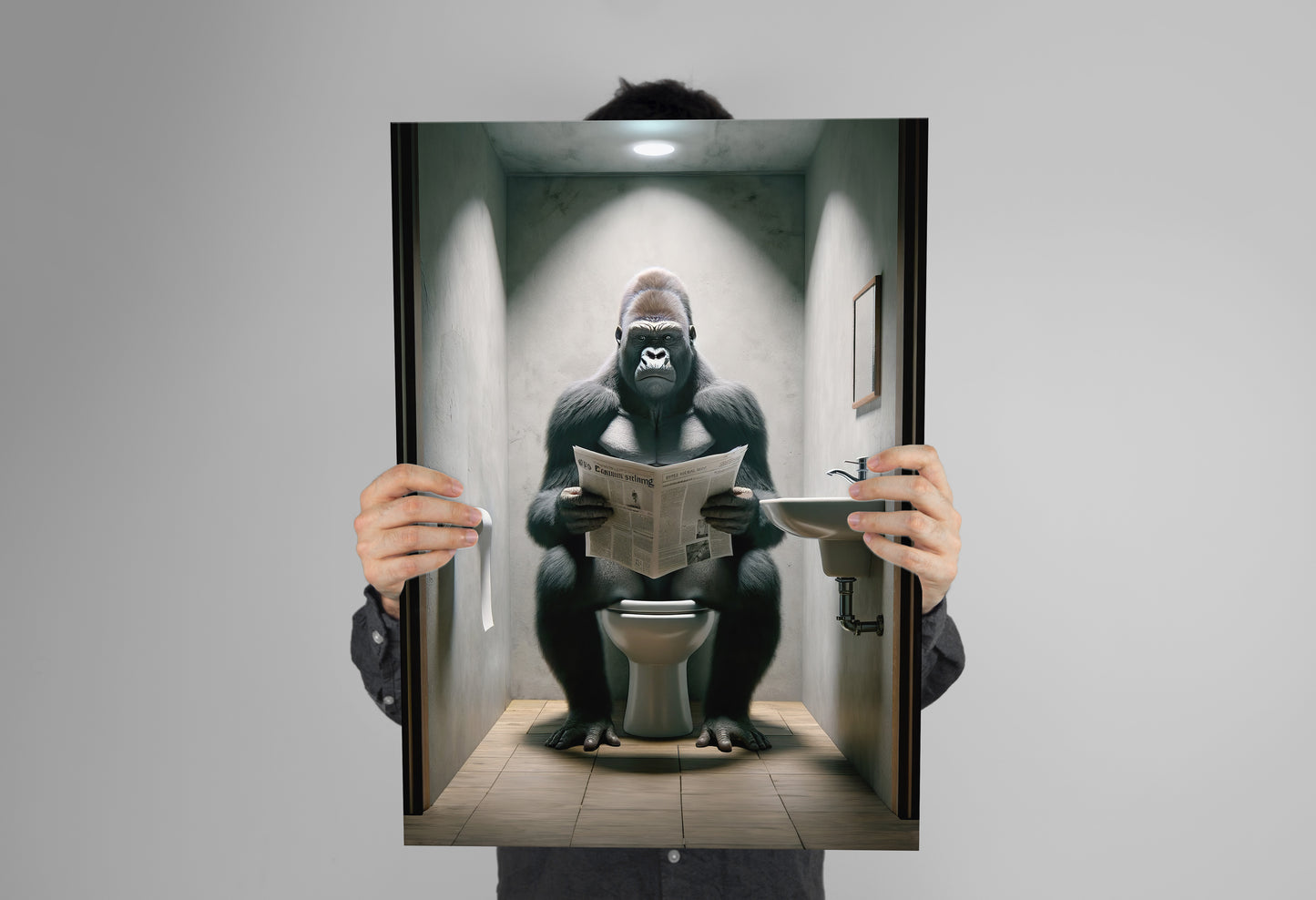 Gorilla Reading Newspaper on Toilet Poster – Funny Bathroom Wall Art, Unique WC Decor, Hilarious Gift Idea