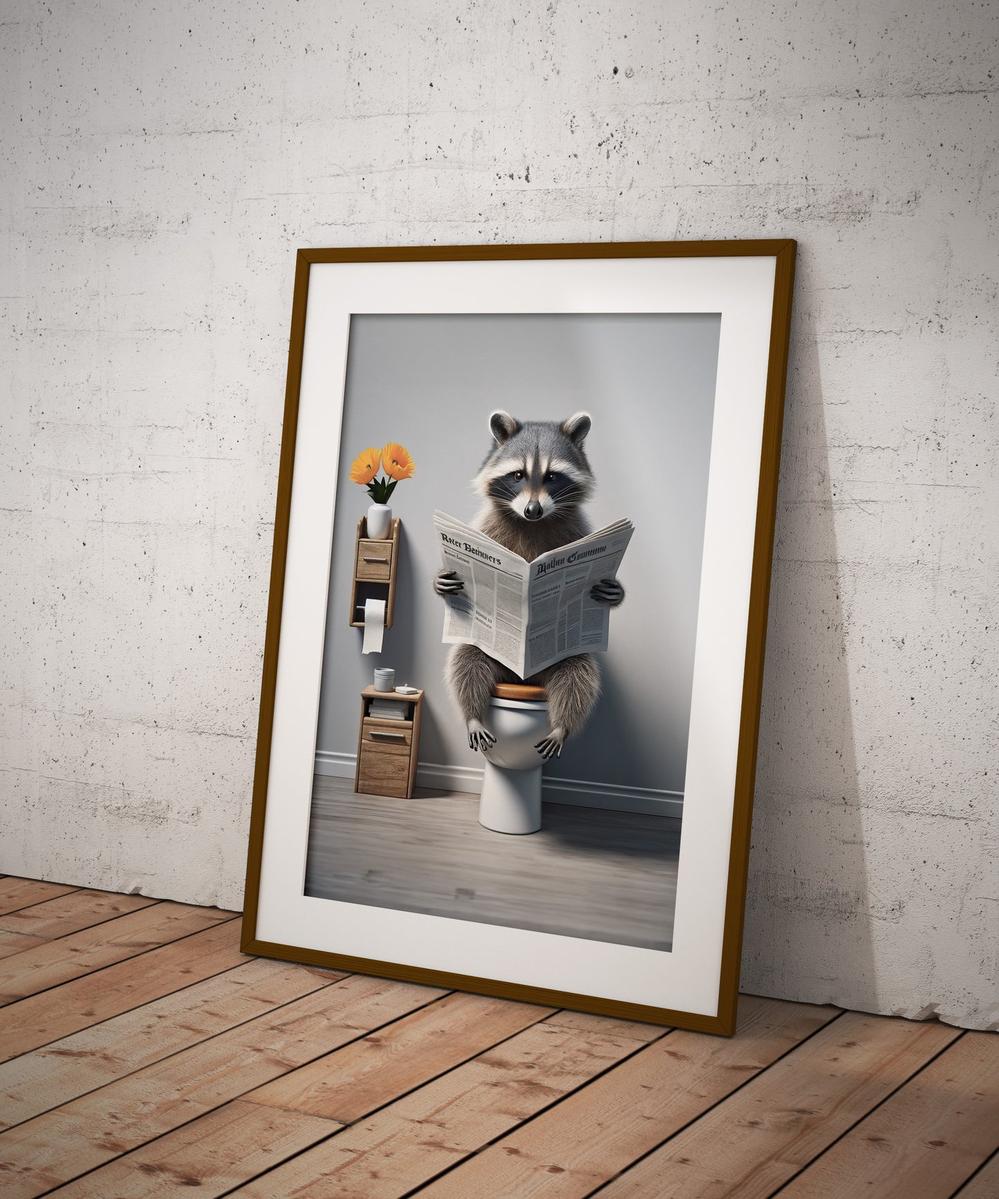 Raccoon Reading Newspaper Poster - Funny Bathroom Wall Art Decor - Unique WC Toilet Poster Gift