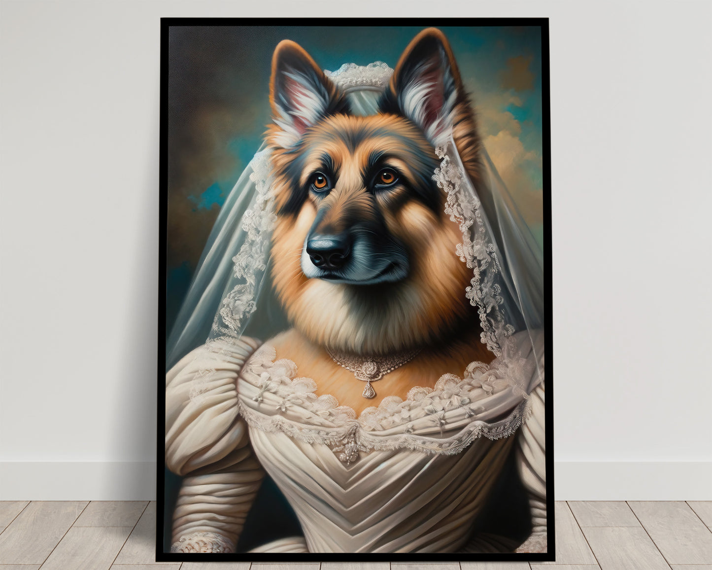 German Shepherd Wearing Wedding Dress Poster – Unique Animal Wall Art, Bride Decor, Perfect Gift for Dog Lovers