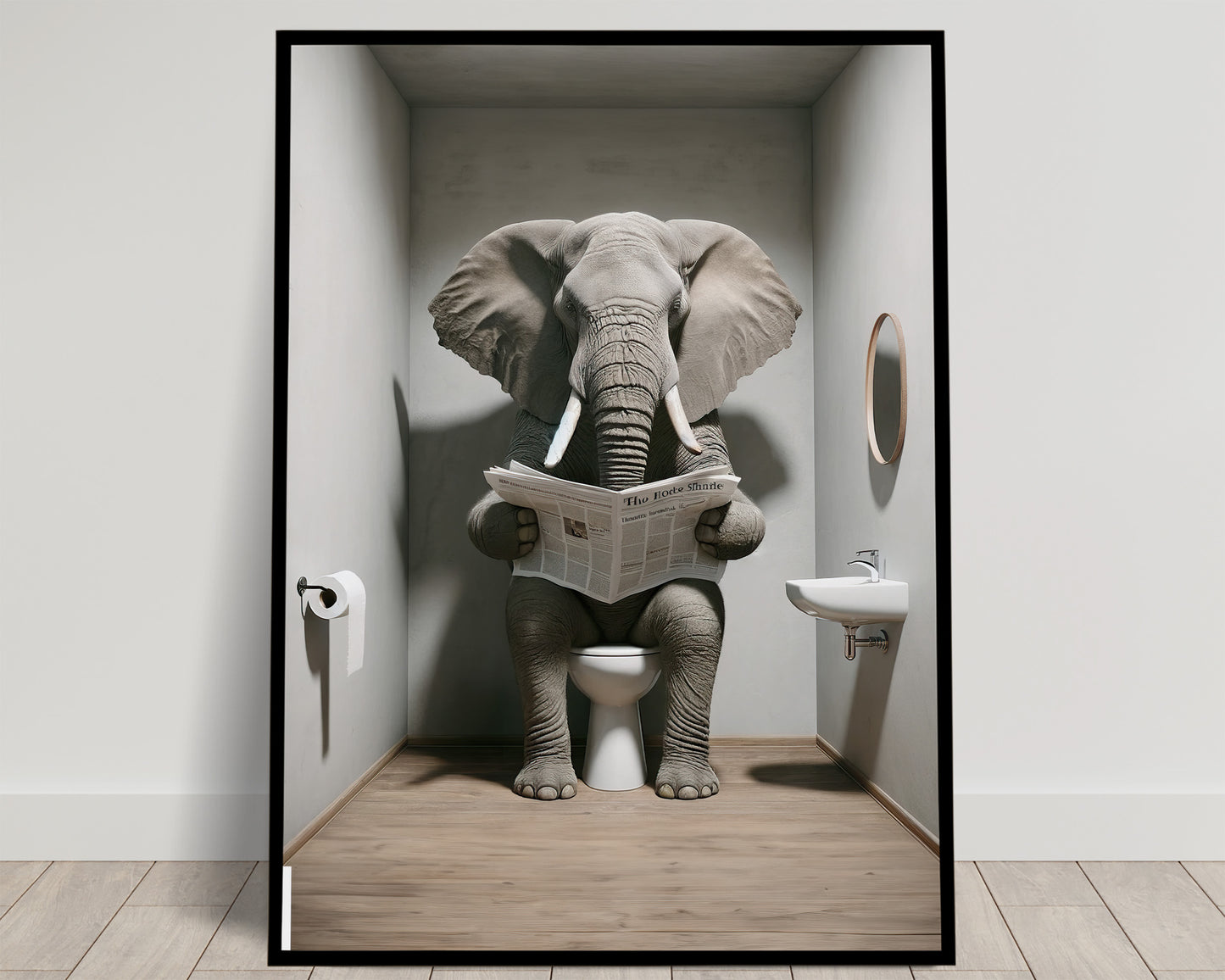 Poster Élégant Éléphant Lisant le Journal, Décoration Humour WC, Cadre Déco Salle de Bain, Cadeau Amusant, Art Mural Toilettes