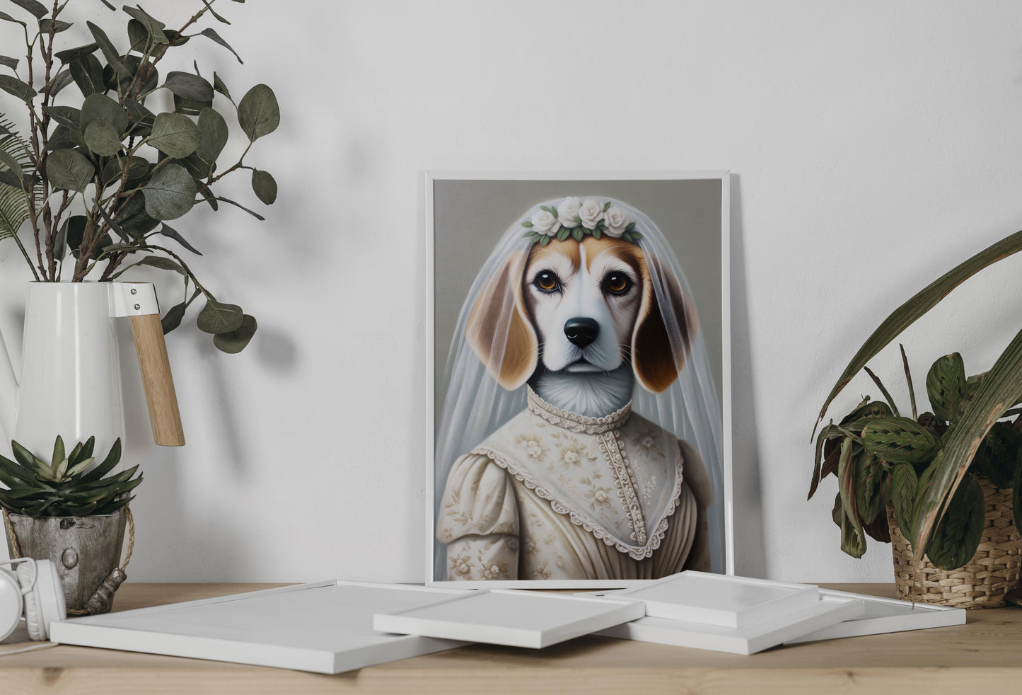 Portrait de Beagle en Mariée, Poster Déco Murale Animaux, Affiche Beagle Mariage, Cadre Humoristique