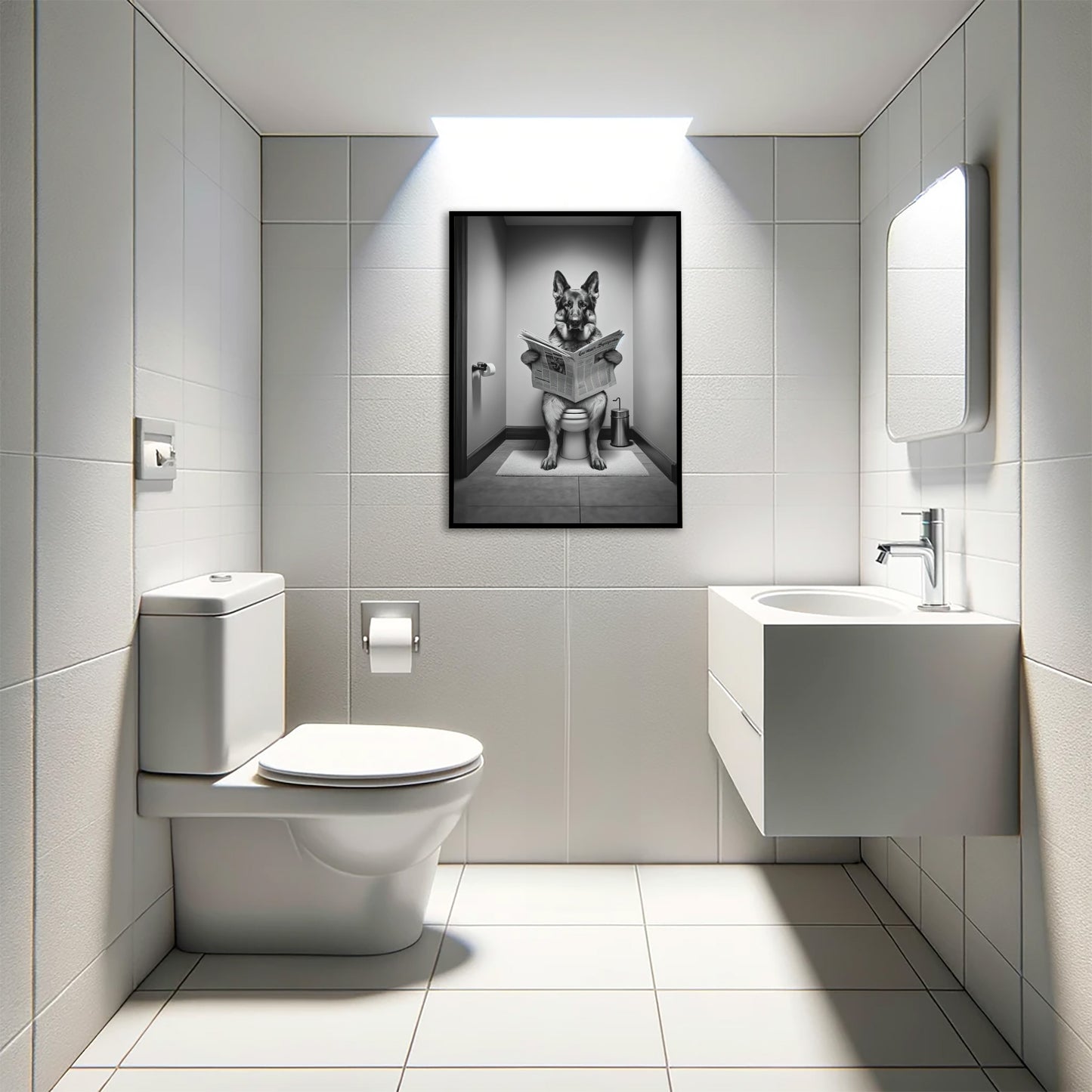 Poster Décoratif Humour WC Berger Allemand Lisant le Journal, Cadre Mural Salle de Bain, Cadeau Amusant Toilettes