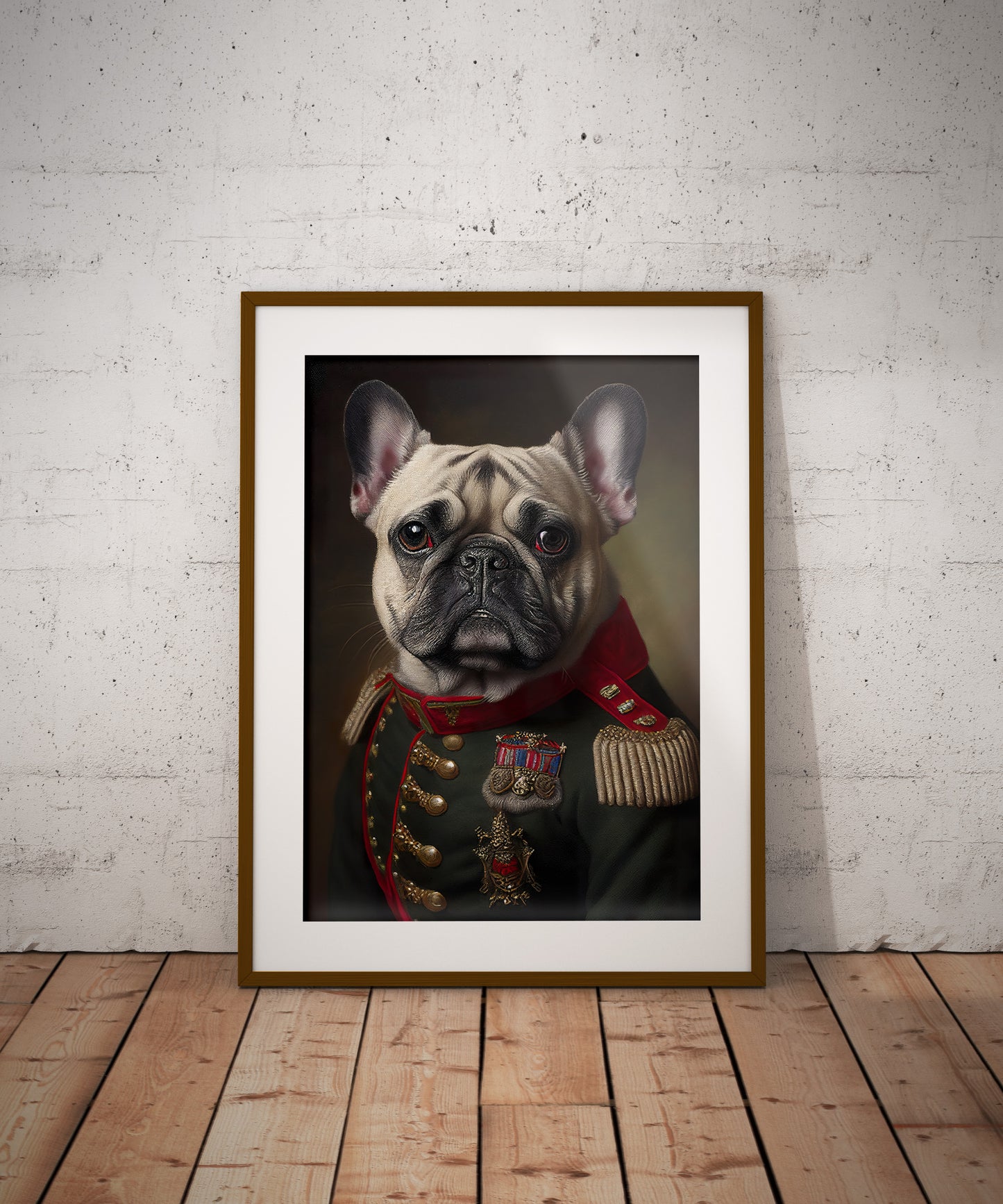 Poster mural : Portrait d'un Bulldog Français en Uniforme Militaire - Affiche murale chien, Décoration animale à encadrer