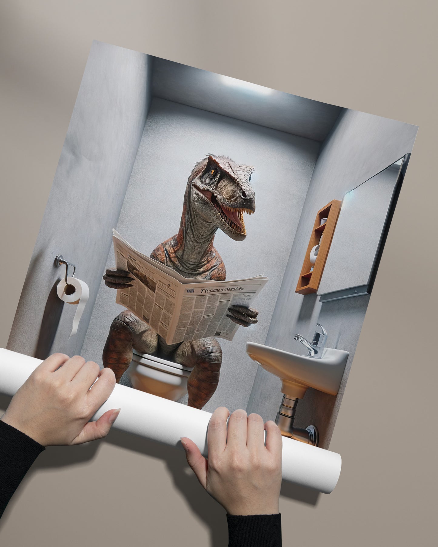 Velociraptor Reading Newspaper Toilet Poster – Funny Bathroom Wall Art Décor, Unique Gag Gift