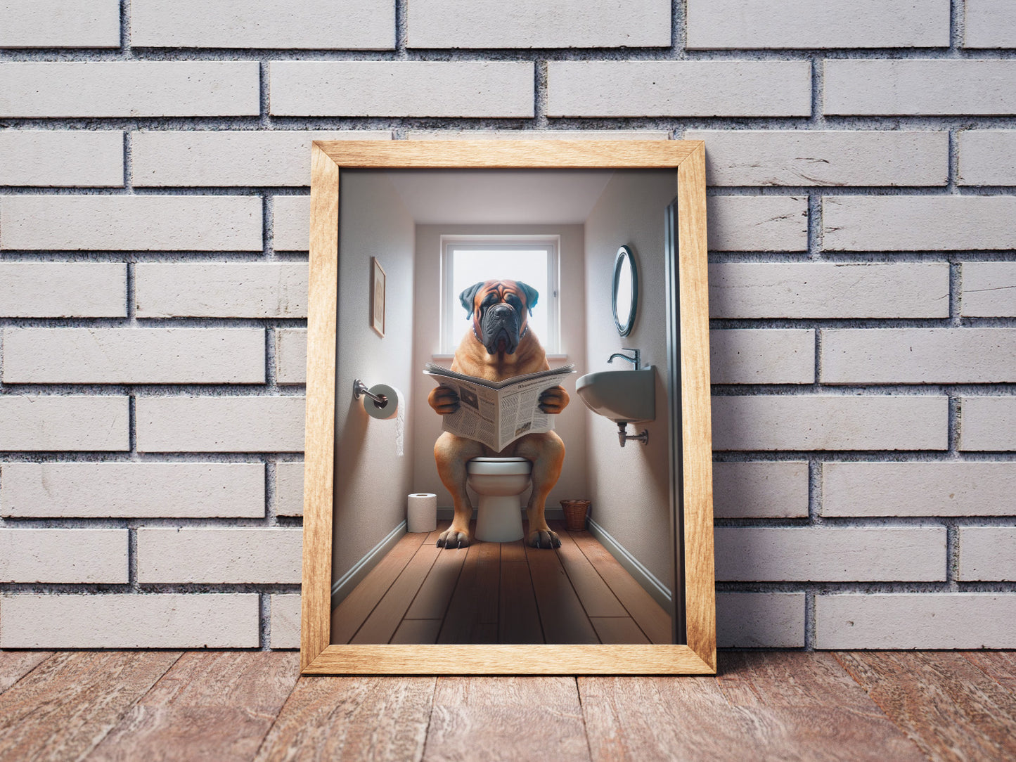 Bullmastiff Dog Reading Newspaper Poster – Funny Bathroom Wall Art, Gag Gift – WC Toilet Decor