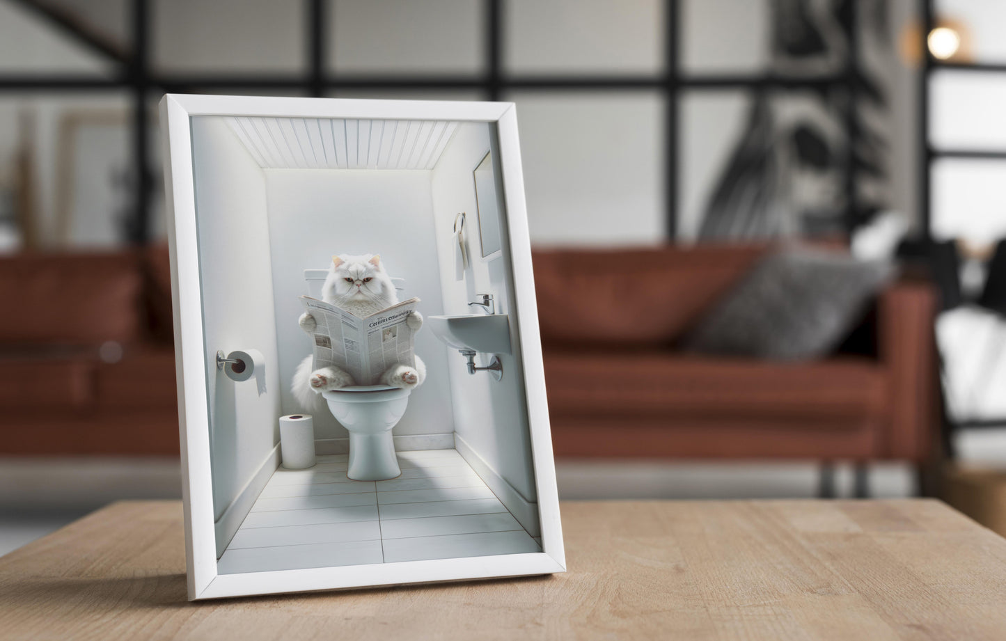 White Persian Cat Toilet Poster – Bathroom Decor Print | Funny Gag Gift for Cat Lovers – WC Wall Art