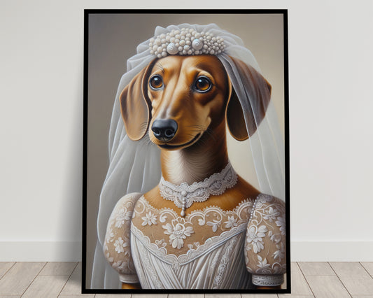 "Funny Dachshund Poster in Wedding Dress | Unique Animal Wall Art | Bride Dog Decor | Perfect Gift Ideas"