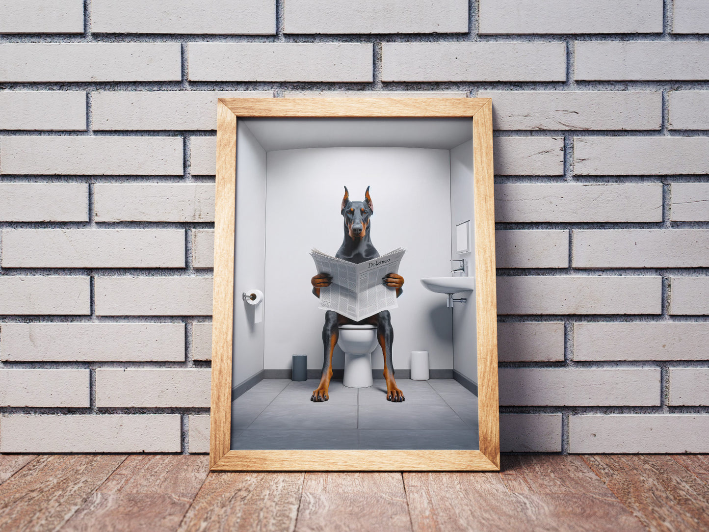 Funny Doberman Reading Newspaper Poster - Unique Bathroom Wall Art for WC - Hilarious Toilet Decor - Great Gift Idea