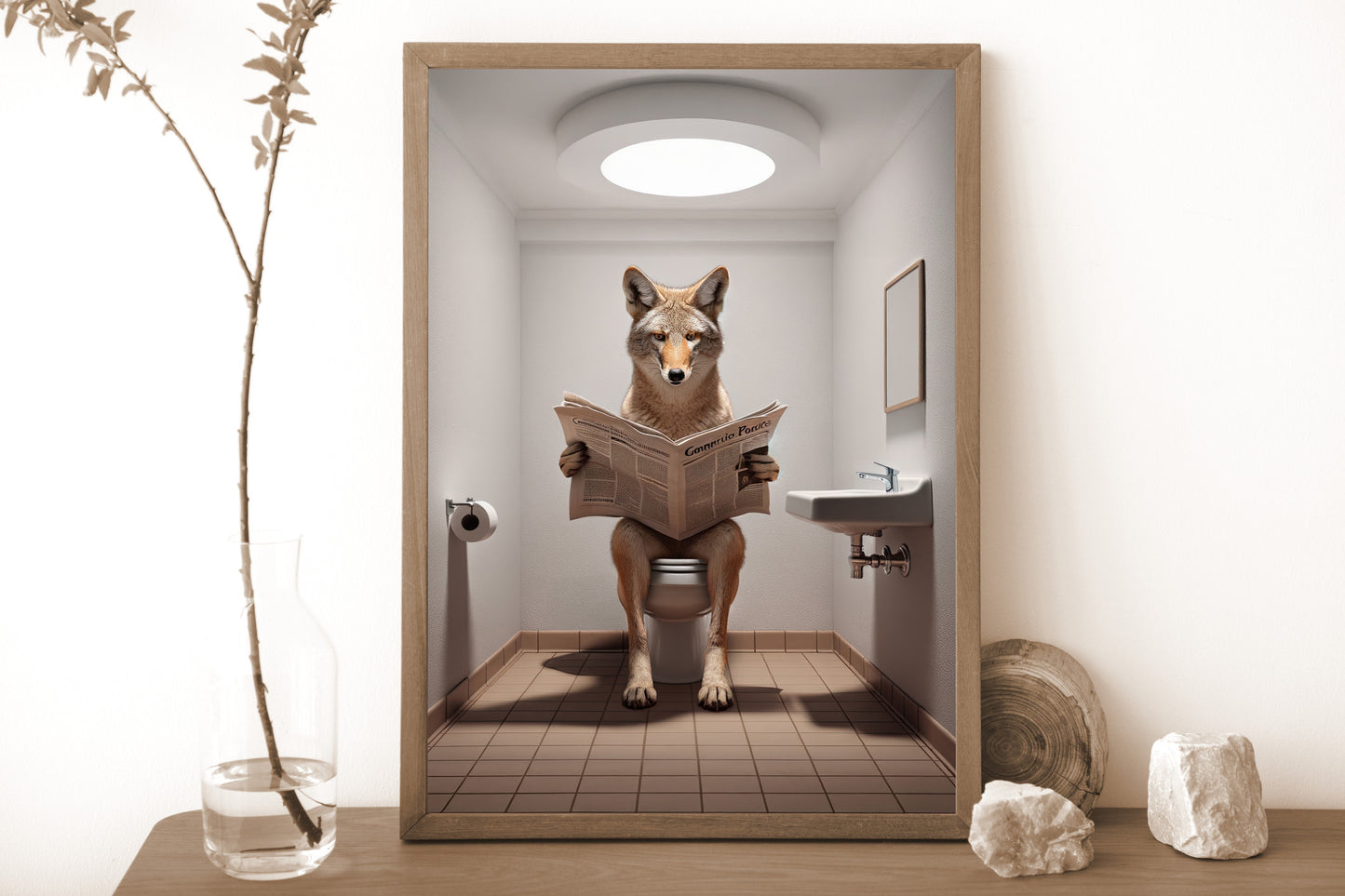 Poster Coyote Humour - Décoration Murale WC, Art Amusant Salle de Bain, Idée Cadeau Originale Fun, Cadre et Affiche Toilettes