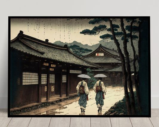 Japanese Village Wall Poster in the Rain – Japanese Art Style Illustration, Rainy Japan Poster for Framing, Home Decor