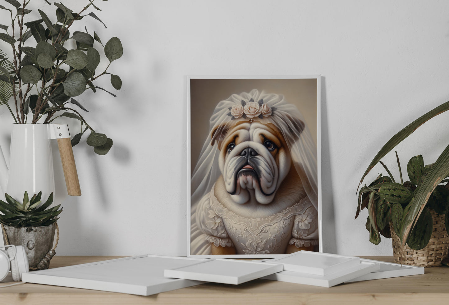 "English Bulldog Portrait in Wedding Dress - Funny Animal Wall Art Poster - Unique Dog-Themed Home Decor Gift"