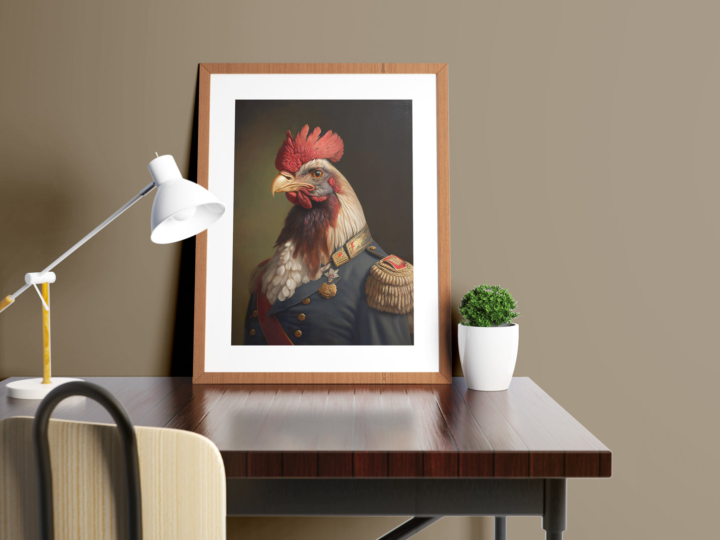 Heroic Rooster in Military Uniform Poster - Unique Animal Wall Art, Framed Poultry Decor, Perfect for Home & Office