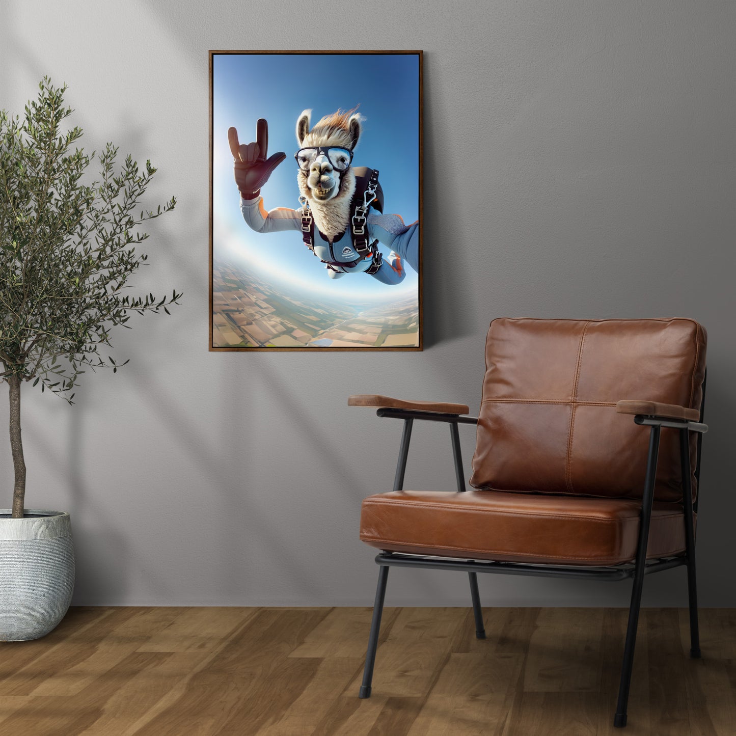 "Skydiving Llama Poster - Epic Animal Print Wall Art | Extreme Sport Decor for Animal Lovers"