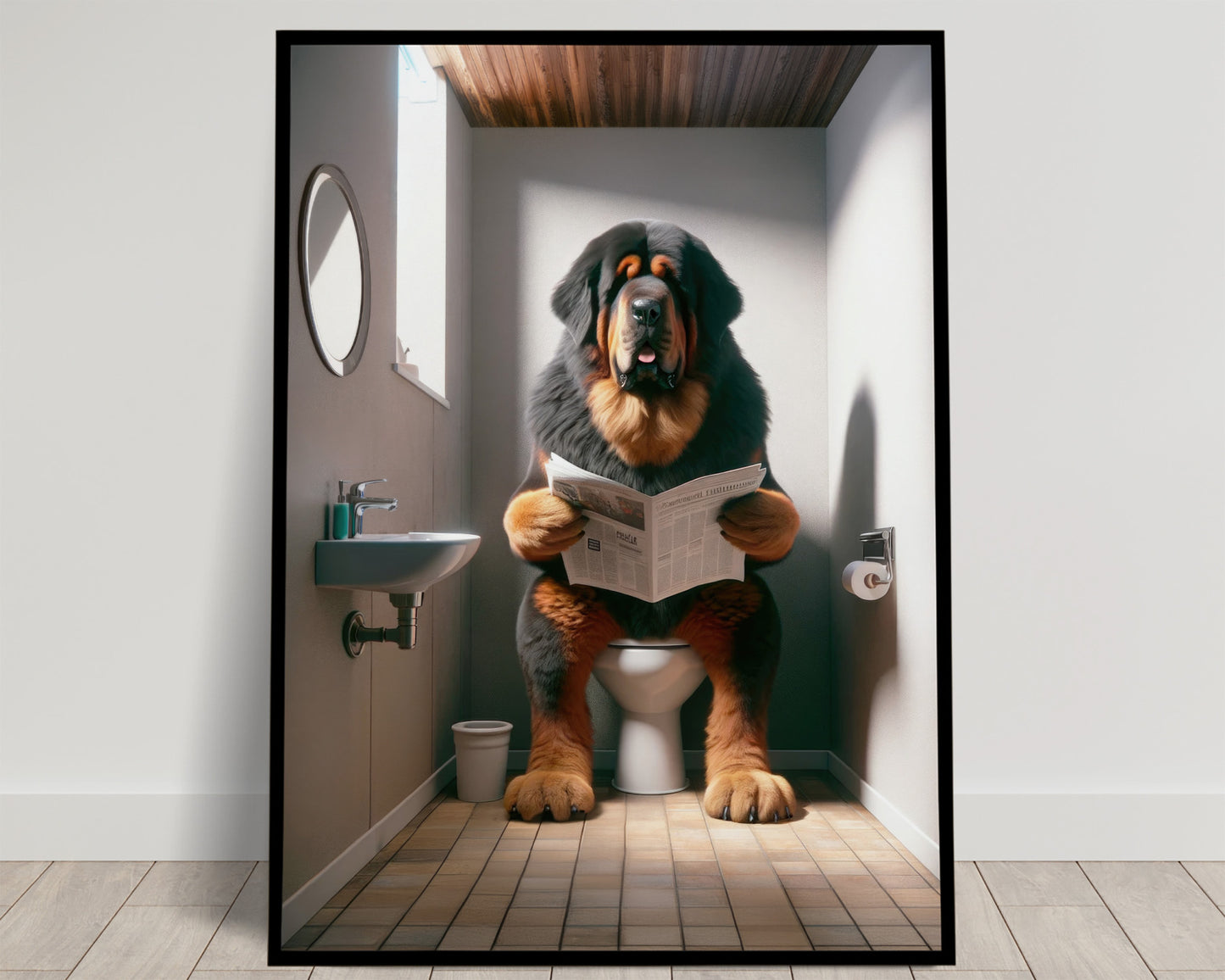 Poster Dogue du Tibet lisant le journal sur les toilettes - Déco Humoristique WC, Cadre Salle de Bain, Cadeau Amusant Chien