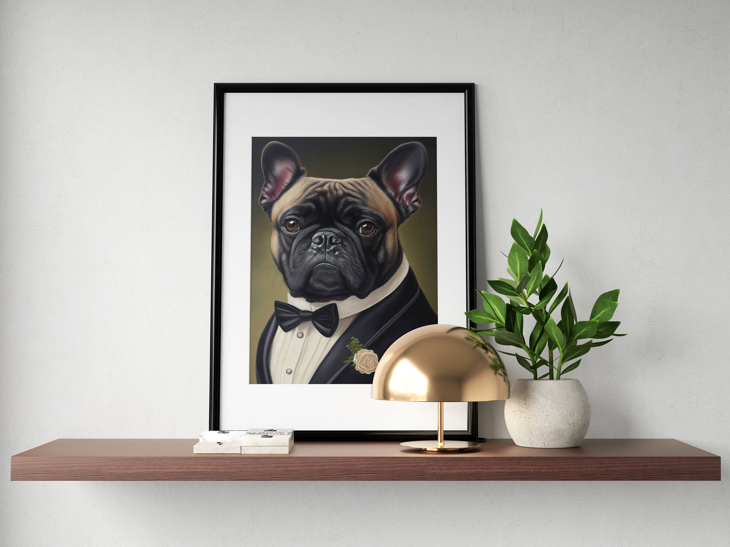 Poster chien chic - Portrait Bulldog français en smoking et tuxedo, Impression murale humoristique, Tableau déco murale