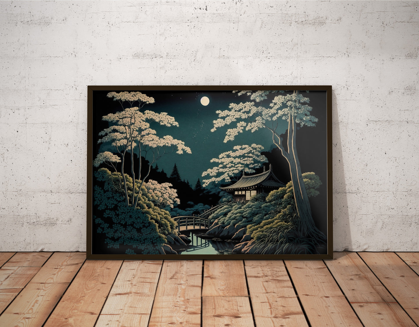 Affiche Poster Jardin Japonais Clair de Lune - Art Nippon Décoration Murale Zen Paysage