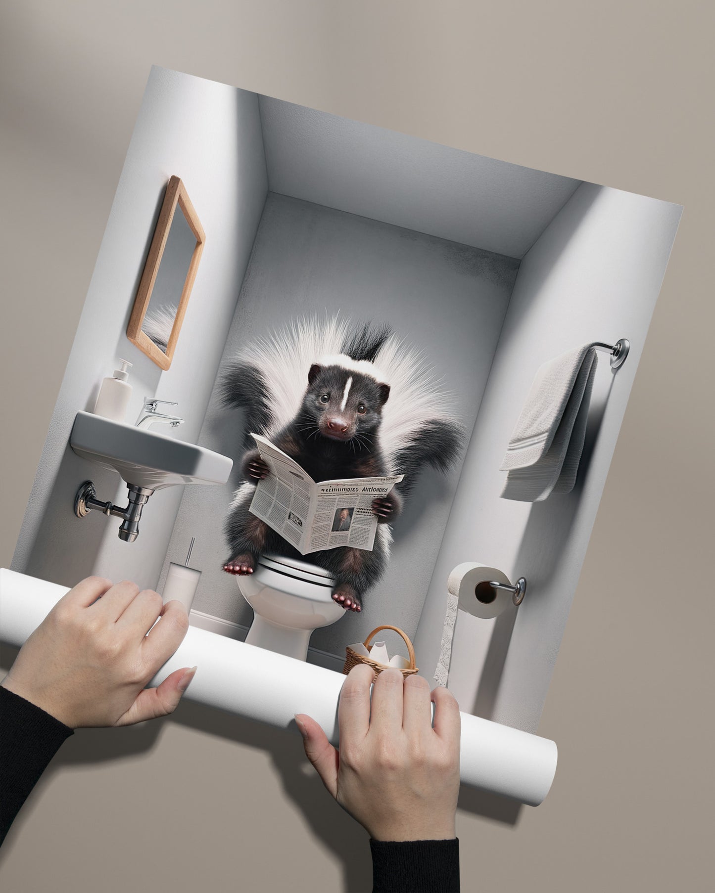 Funny Skunk Reading Newspaper Toilet Poster - Unique Bathroom Wall Art & Gag Gift Decor for WC