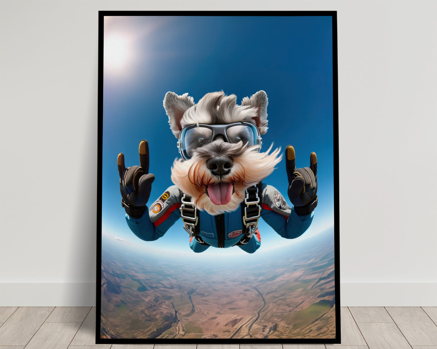 Skydiving Miniature Schnauzer Poster - Unique Dog Lover Wall Art Print | Epic Animal Decor for Extreme Sport Fans