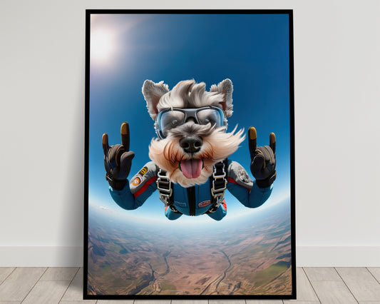 Affiche murale Schnauzer en chute libre - Poster Chien Skydiving, Décor sportif extrême, Idée cadeau unique