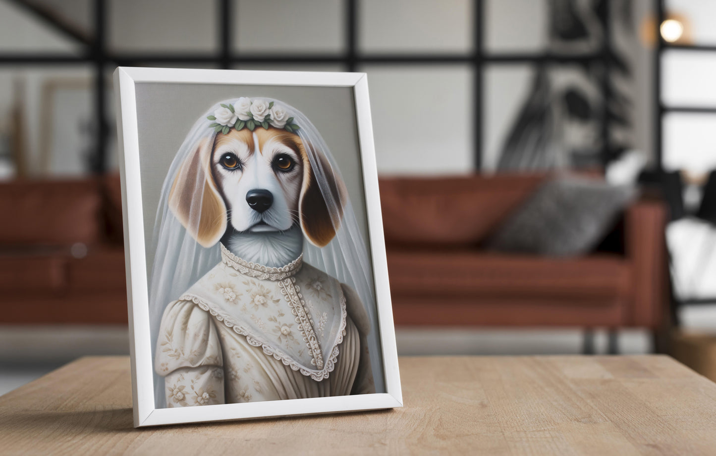 Portrait de Beagle en Mariée, Poster Déco Murale Animaux, Affiche Beagle Mariage, Cadre Humoristique