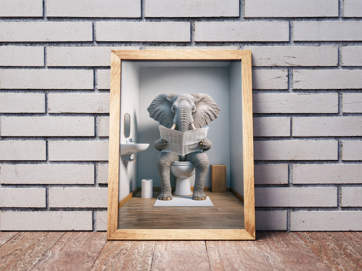 Elephant Reading Newspaper Toilet Poster - Funny Bathroom Wall Art - Unique WC Decor Gift