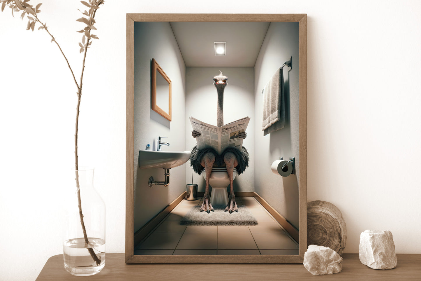 Ostrich on Toilet Reading Newspaper Poster | Funny Bathroom Decor | Wall Art for WC | Unique Gag Gift