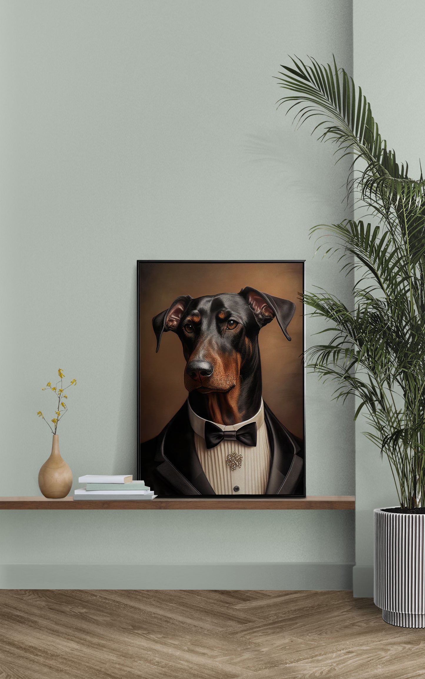 Chic Doberman Poster in Tuxedo | Humorous Dog Wall Art | Elegant Canine Decoration