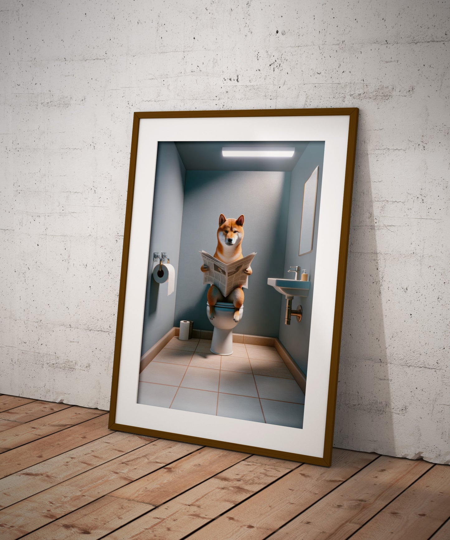 Funny Shiba Inu Dog Reading Newspaper Poster - Hilarious Bathroom Wall Art, Gag Gift for WC Decor